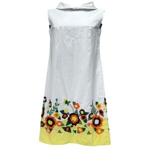 Vtg 60s Handmade Crewel Embroidered Shift Dress Mod Bow Floral White Yellow L 14